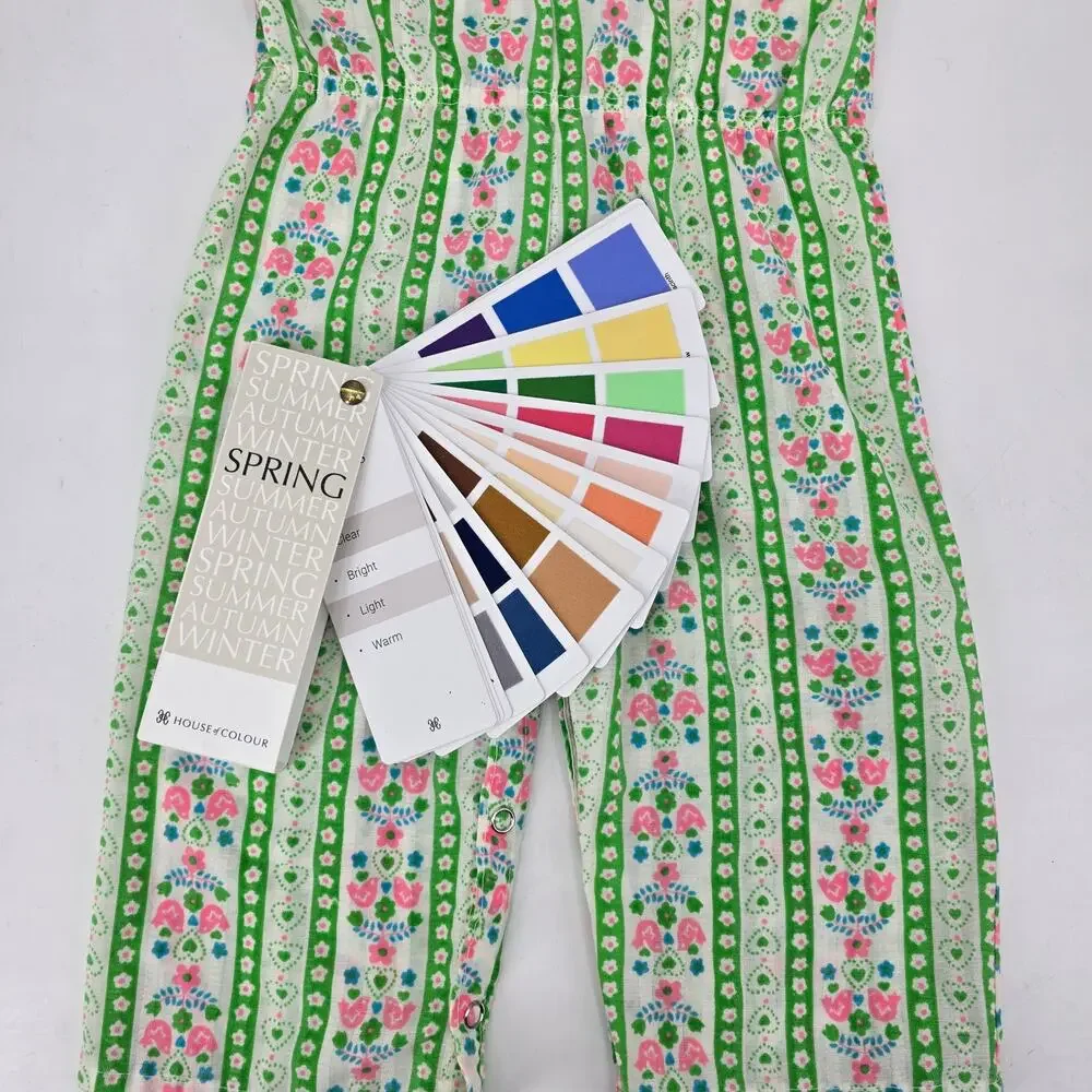 Vintage Lily-Kids Floral Romper 4T Green Pink Folk‎ Print Mod Girls Jumpsuit 70s